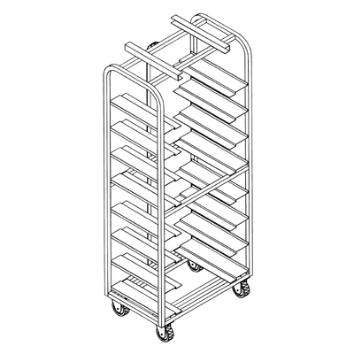 Magna Heavy Duty, Single Side Load Aluminum Dahlen / Gemini Style Channel Lift Oven Rack, 69.8"H, .63"x5.75" Universal Shelves, 3.5"/17 Spacing, Item 7032_U