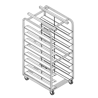 Magna Heavy Duty, Double Side Load Stainless Dahlen / Gemini Style Channel Lift Oven Rack, 69.8"H, .63"x5.75" Universal Shelves, 3.5"/17 Spacing, Item 8236_U