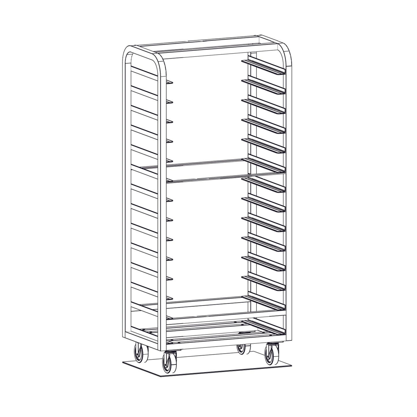 Magna 2" Spacing, 27-Pan Capacity, Heavy Duty Side Load, All Welded Aluminum Bun Pan Rack, Plate Casters, Item 2031-P