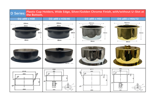 D Series: Plastic Cup Holders, Wide Edge, Silver / Golden Chrome Finish, with or without U-Slot at the Bottom - Call us for your next requirement.